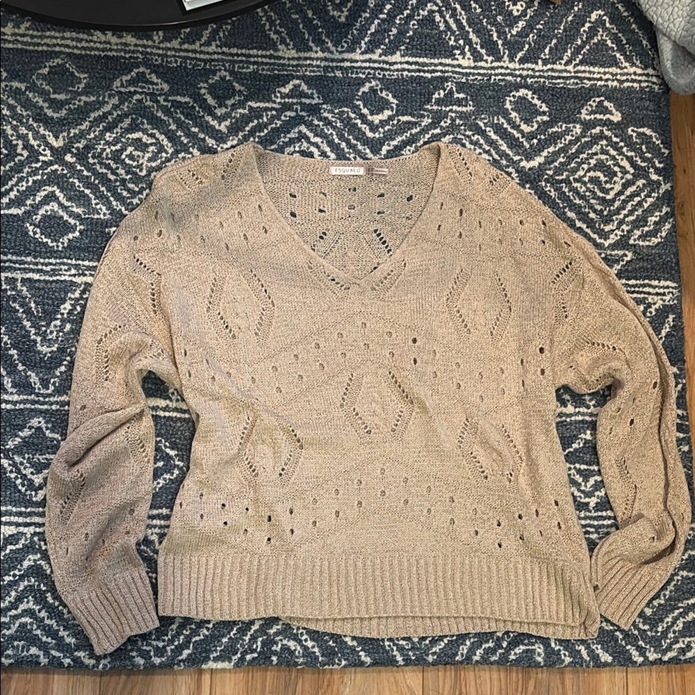 ESQUALO Tan Pointelle V-Neck Sweater